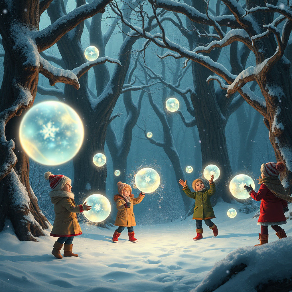 Children Play with Glowing Orbs in Winter Forest
