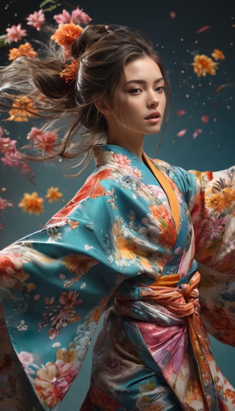 Elegant Woman in Kimono with Autumnal Floral Design
