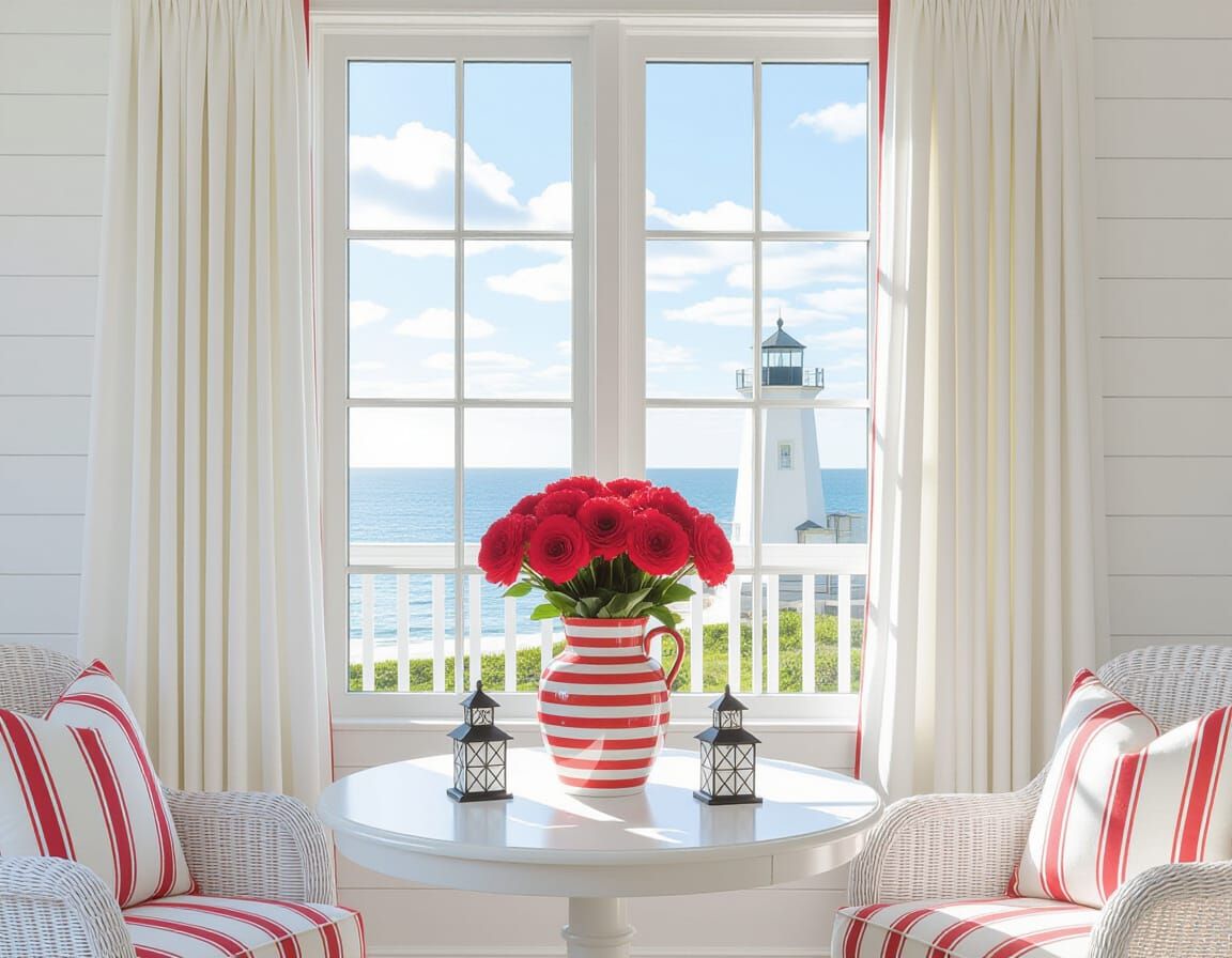 Sunny Room with Red Flowers and Ocean View