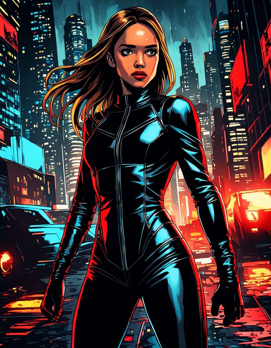 Woman in Leather Catsuit, Comic Book Style