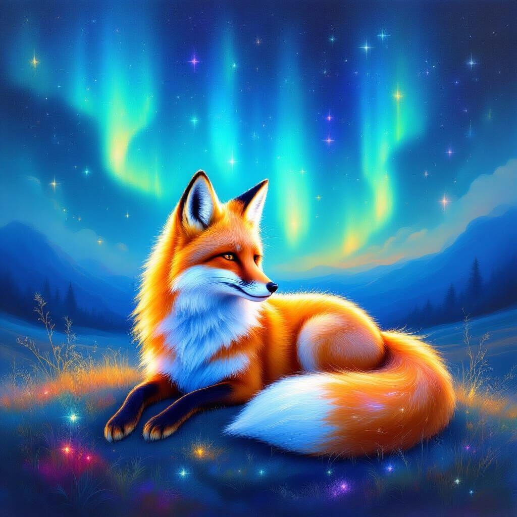 Fox Under Aurora in Gouache Style