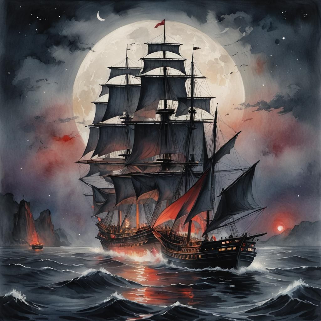 Majestic Ship on Moonlit Sea in Watercolor Style