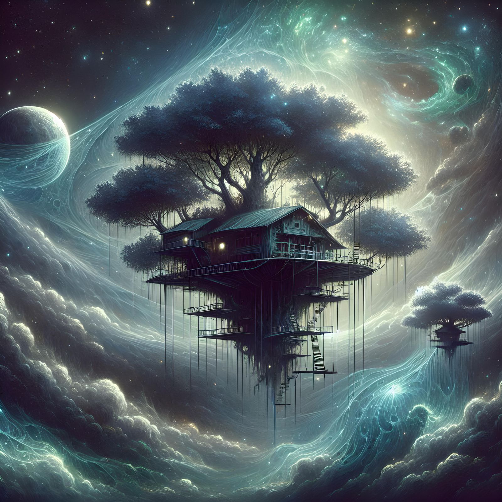 Ethereal Treehouse Pod in Space: Symbolist Illustration