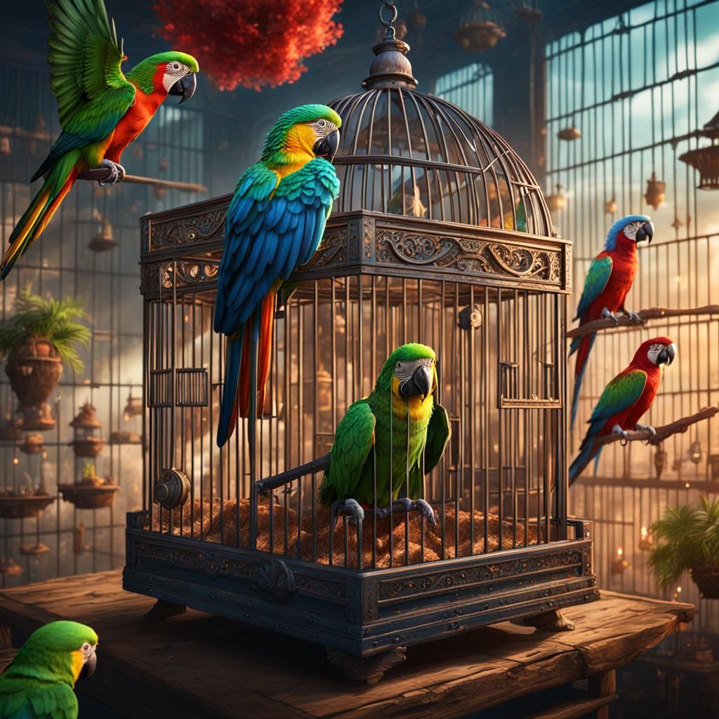 Parrots in a Pet Shop: Fantasy Concept Art
