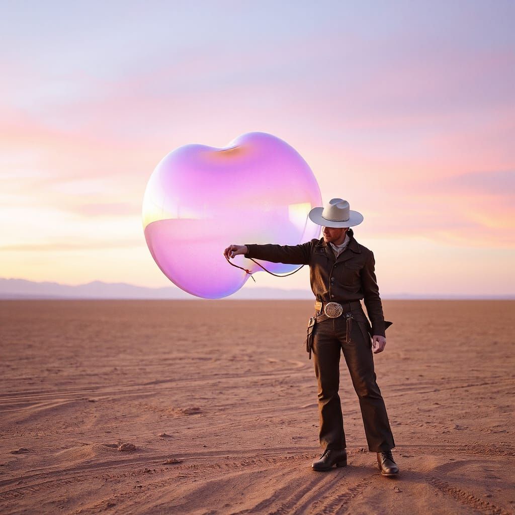 Cowboy Lassoing Iridescent Bubble in Dreamscape