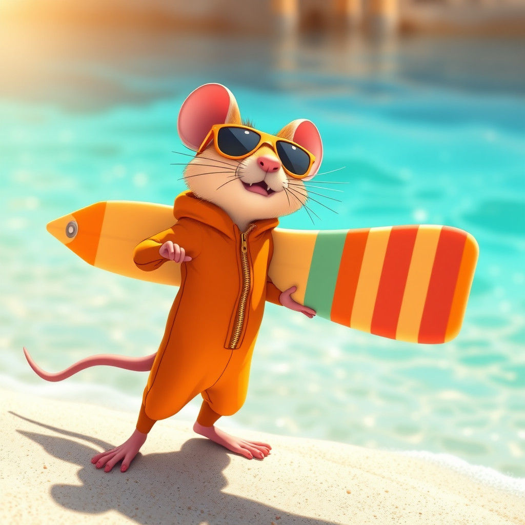 Mouse Hero on Beach with Popsicle Surfboard, Manga Style