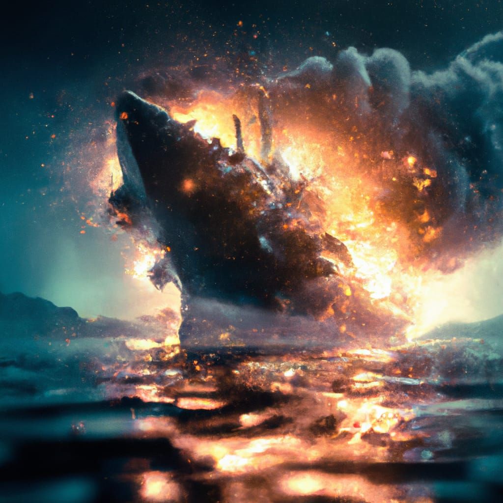 Battleship Exploding in Fiery Night: Detailed Matte Painting