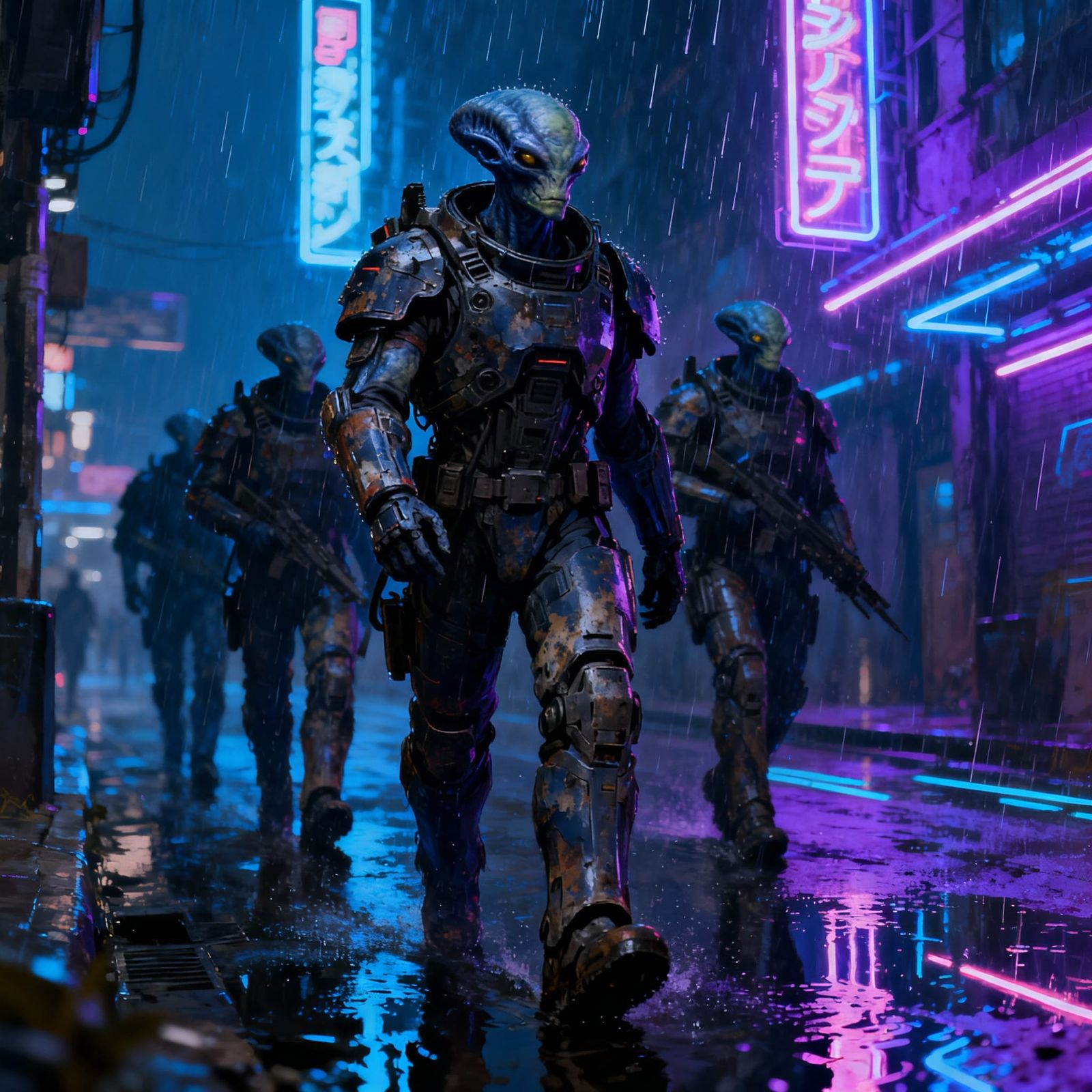 Menacing Alien Goons Patrol Cyberpunk City Street