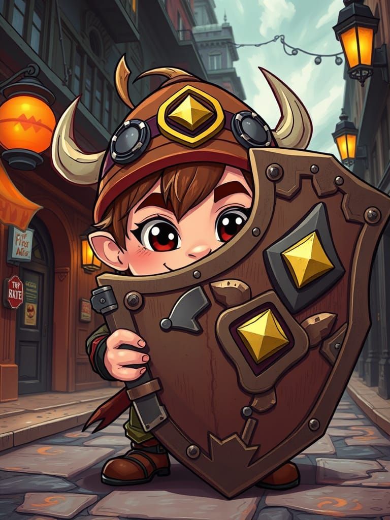 Munchkin Barbarian Leans on Magical Shield in Steampunk Fant...