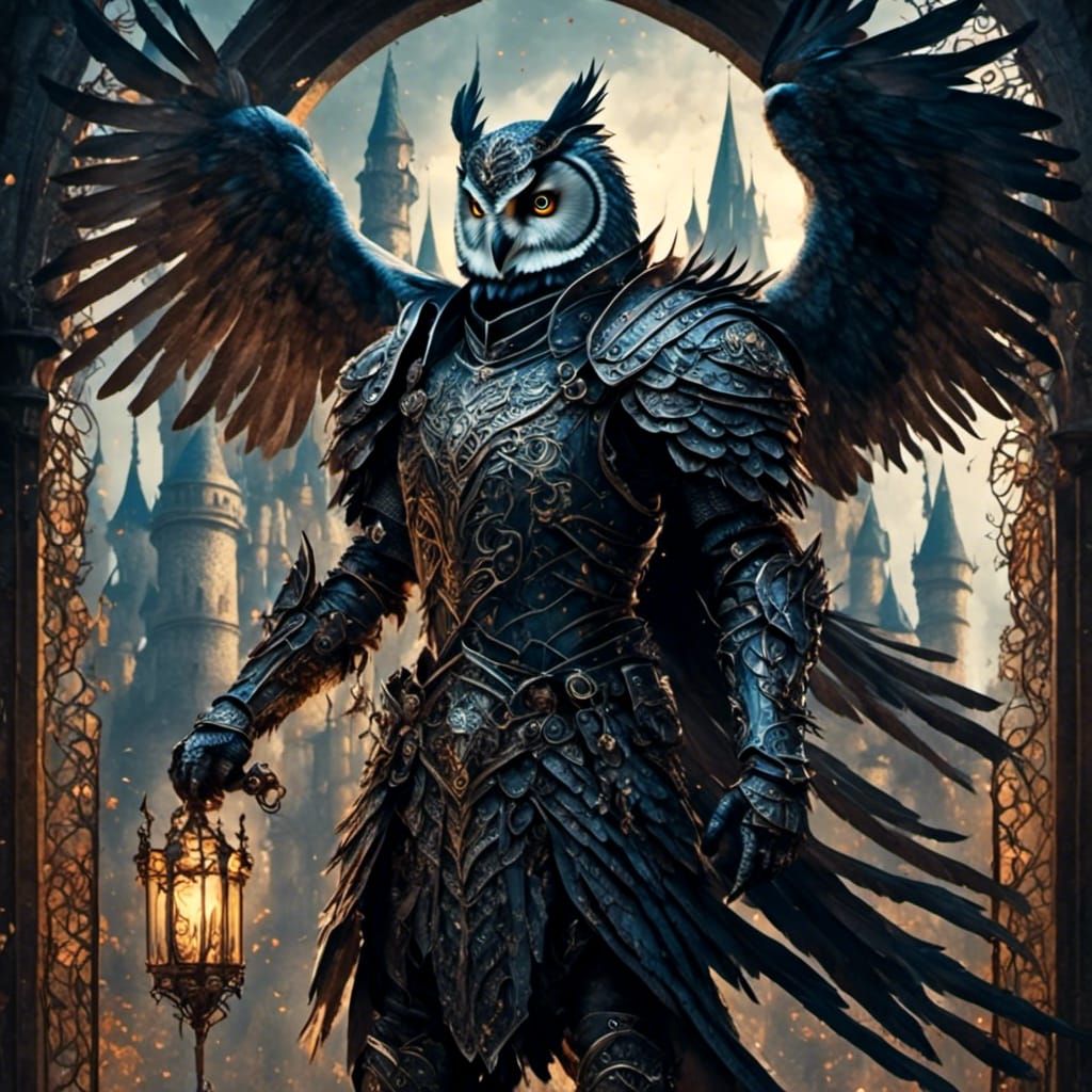 Armored Owl Knight Guards Fantasy Castle Gate