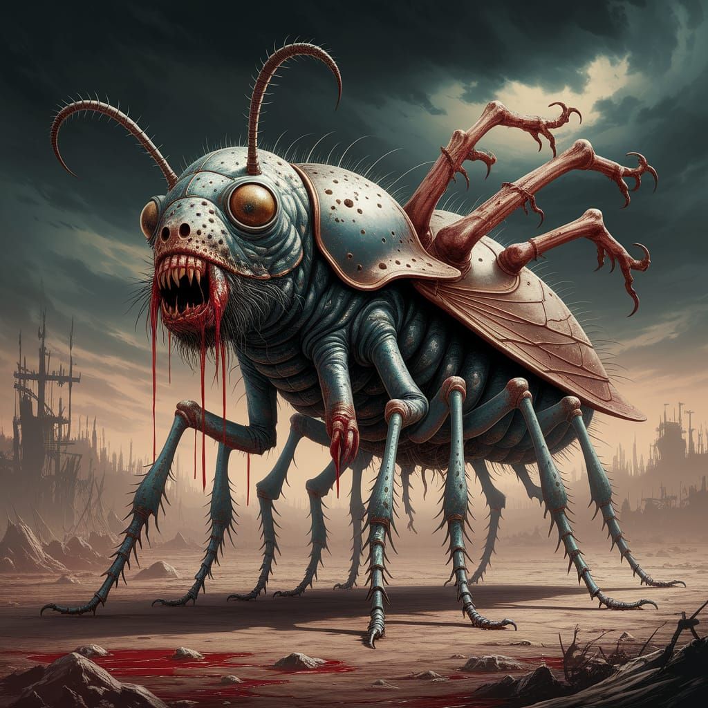 Monstrous Ox-Sized Flea in Haunted Wasteland as Oil Painting