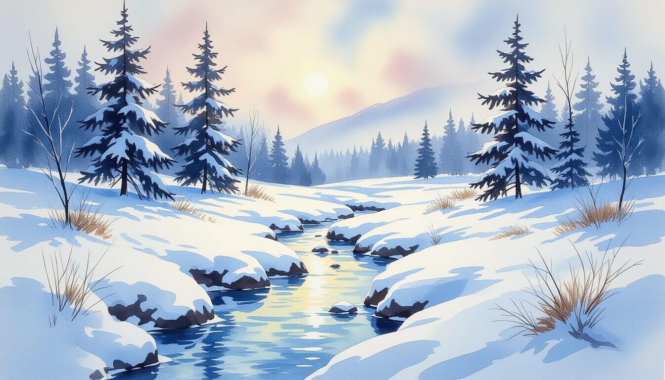 Serene Watercolor Winter Landscape with Snow-Dusted Pines