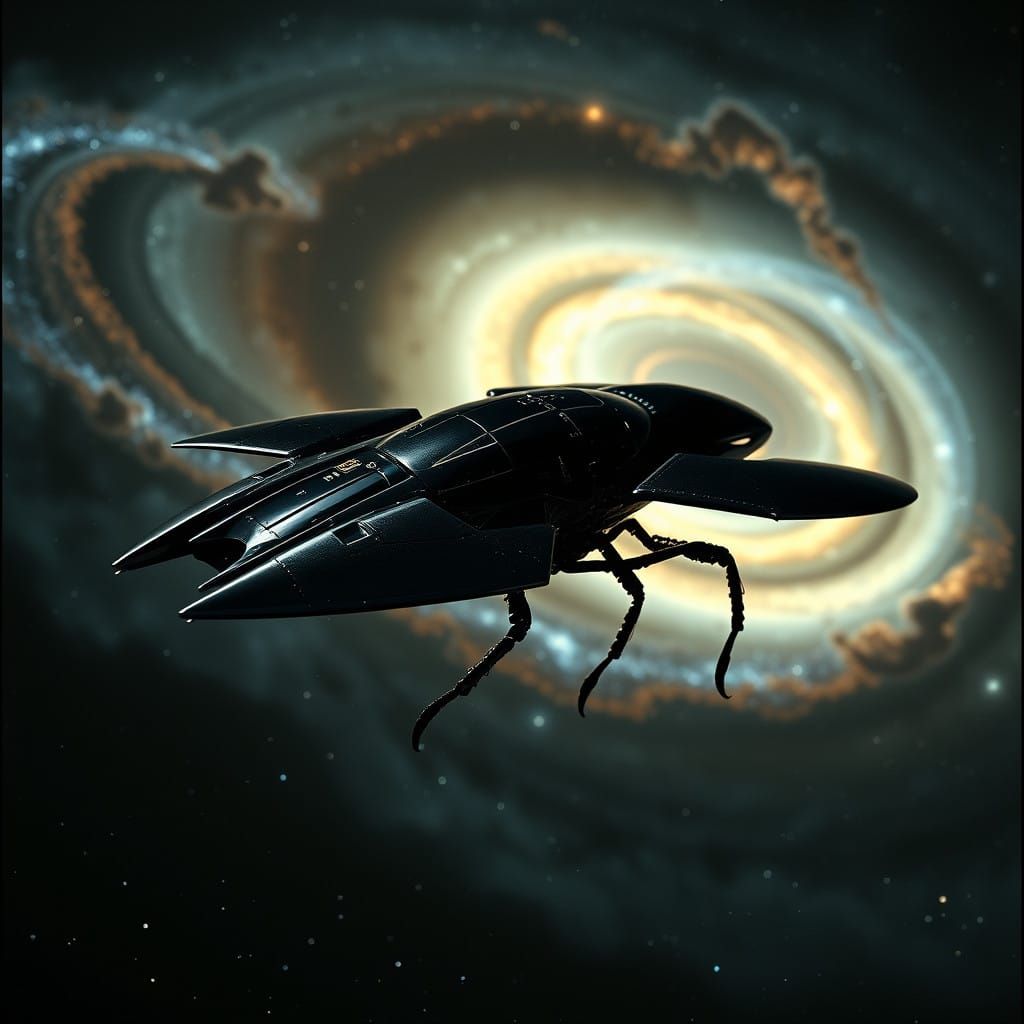 Sleek Spacecraft Hovers Near a Galaxy in Cinematic Style