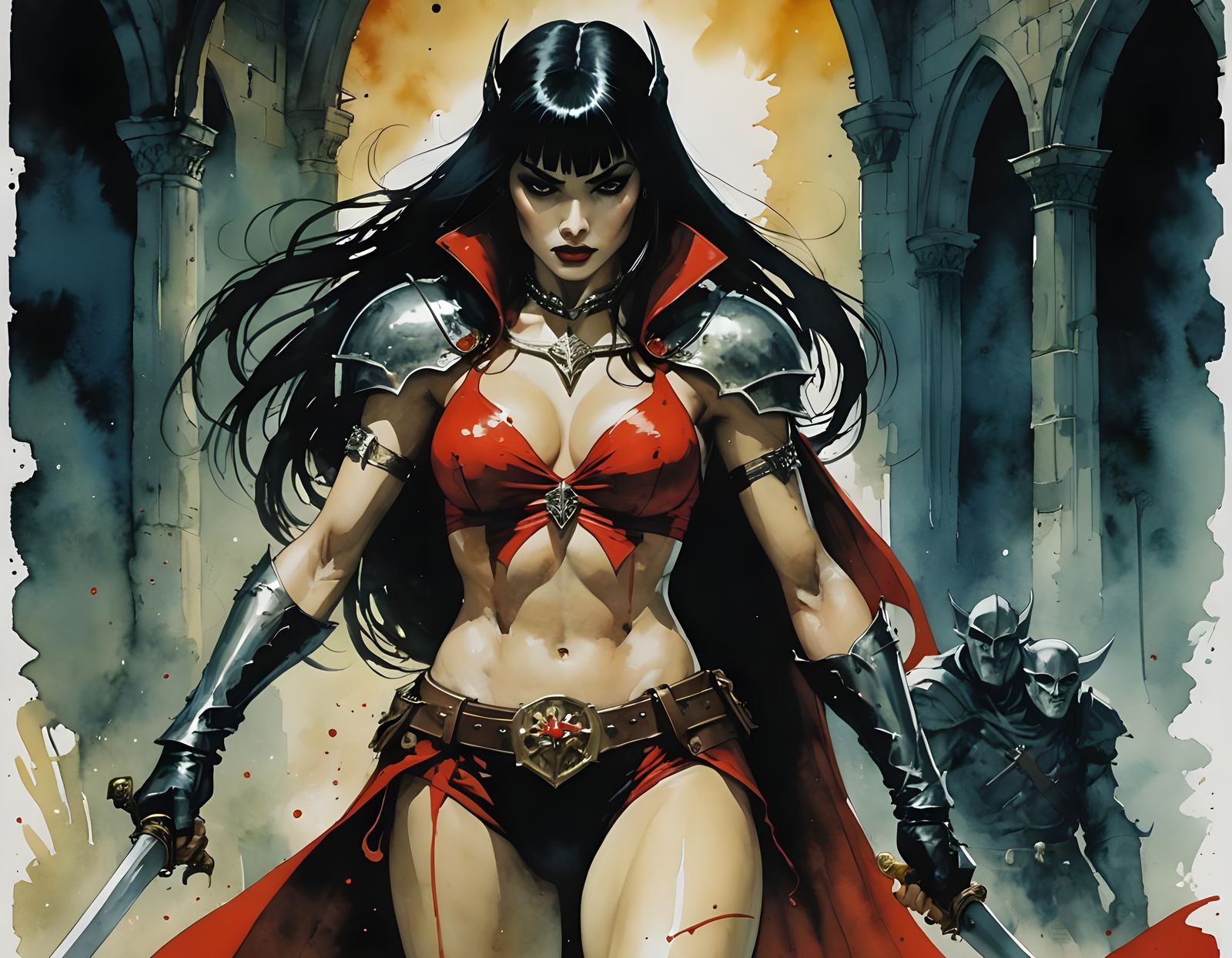 Vampirella in a Vibrant Medieval Watercolor Art Piece