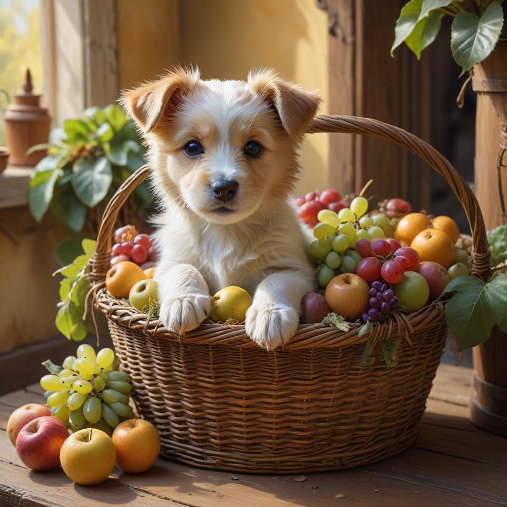 Puppy in a Fruit Basket, Painted in a Whimsical Oil Style