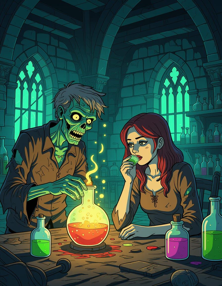 Zombie and Human Brewing Magical Potions in Dark Fantasy Roo...