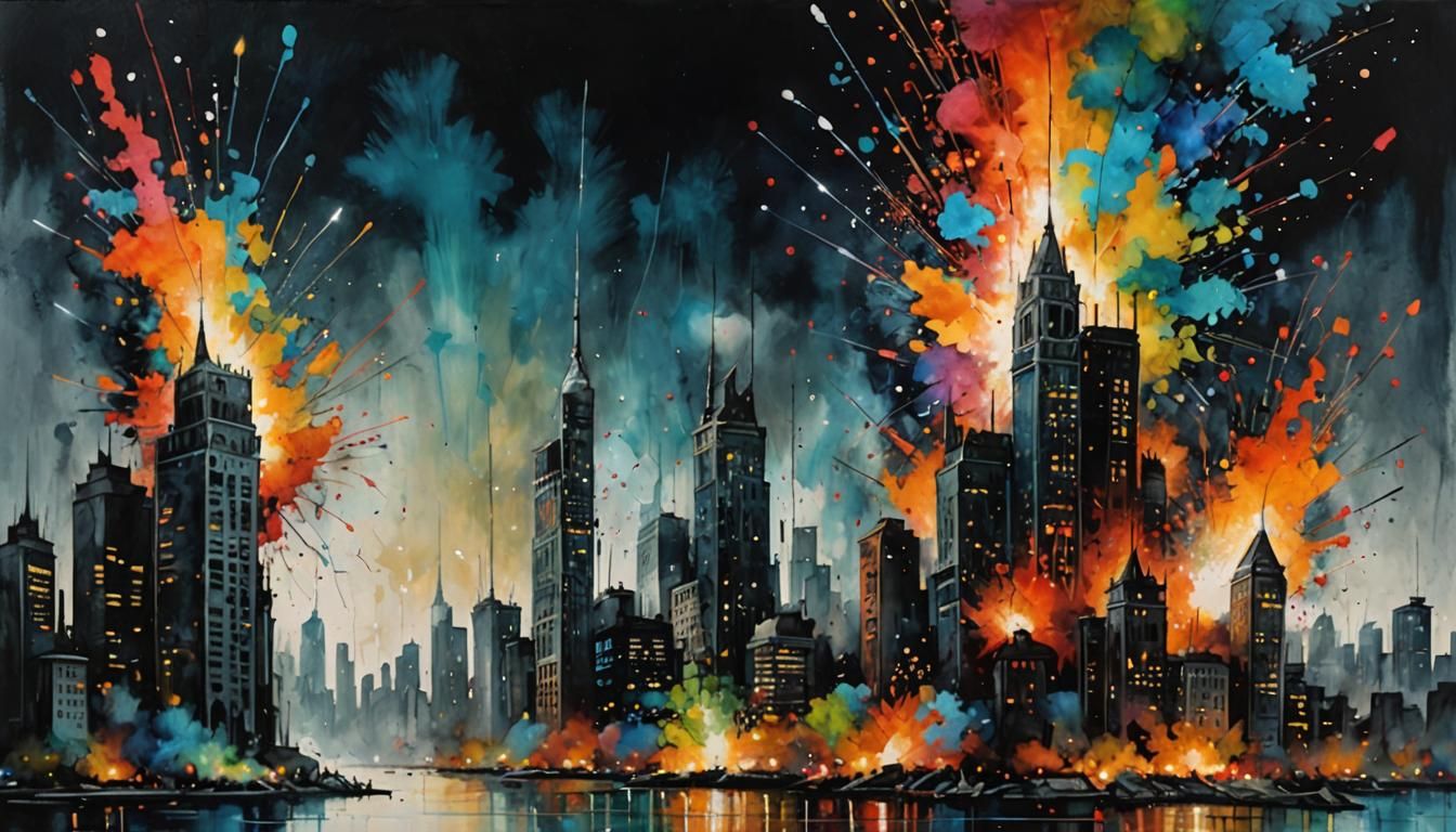 Vibrant Fireworks Explode Over Cityscape in Pop Art Style