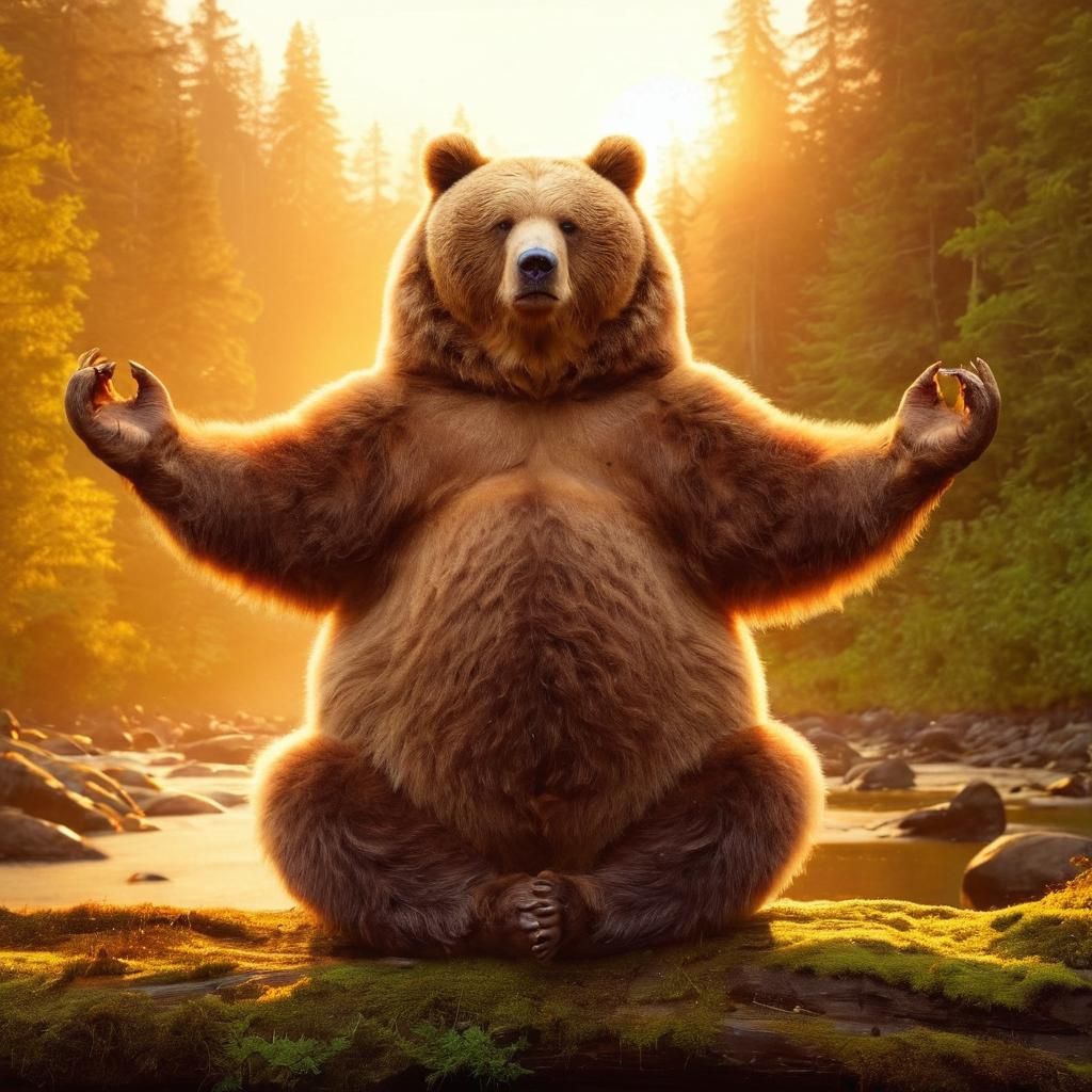 Obese Kodiak Bear Yoga Master in Rainforest