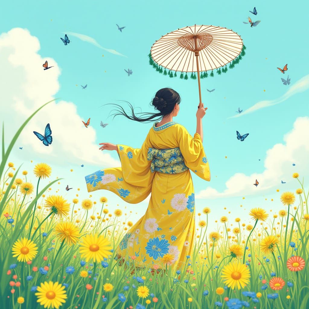 Japanese Woman in Kimono with Umbrella, Meadow Scene