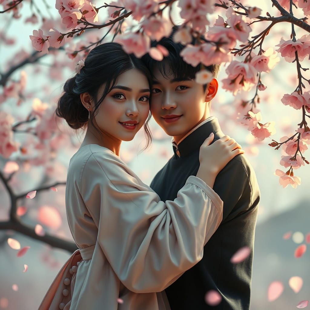 Romantic Couple Surrounded by Vibrant Sakura Blossoms in Sof...