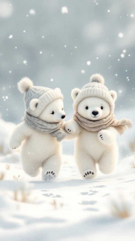Two Adorable Polar Bear Cubs in Winter Clothes Play in the S...