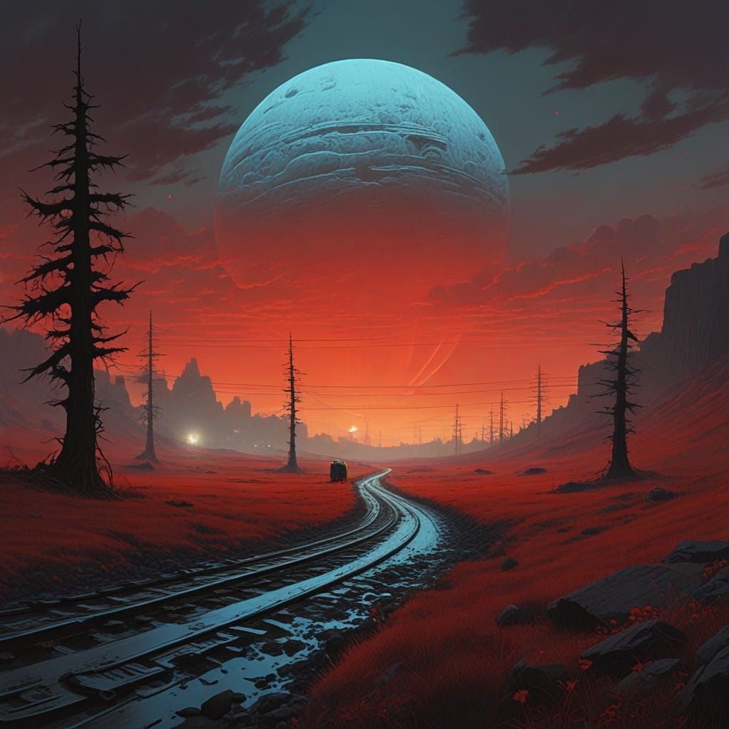 Mystical Landscape Under Moonlit Skies with Fiery Red Streak