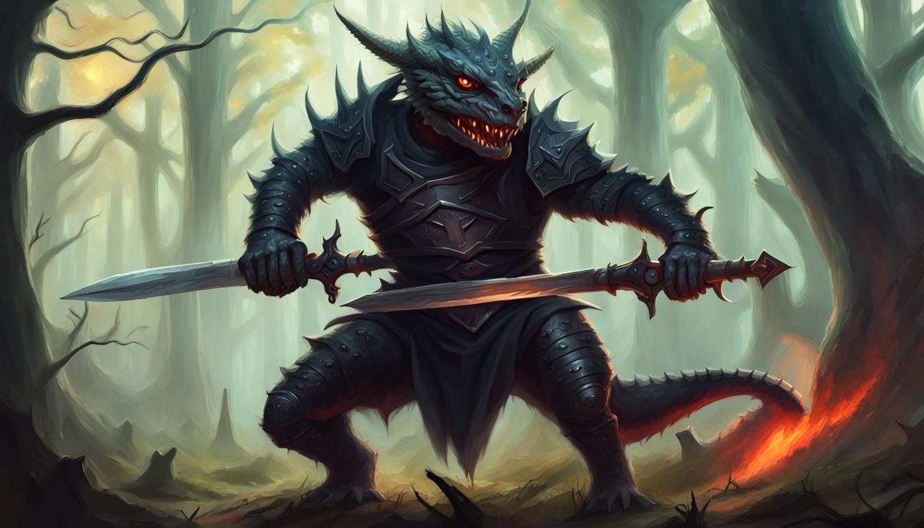 Dark Fantasy Lizard Monster in Black Armour Wielding a Sword