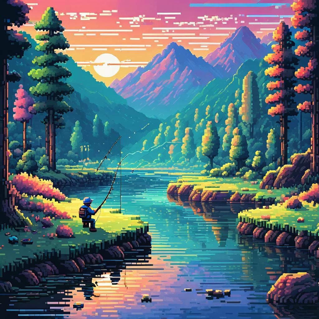 8-Bit Pixel Art Angler at Sunset