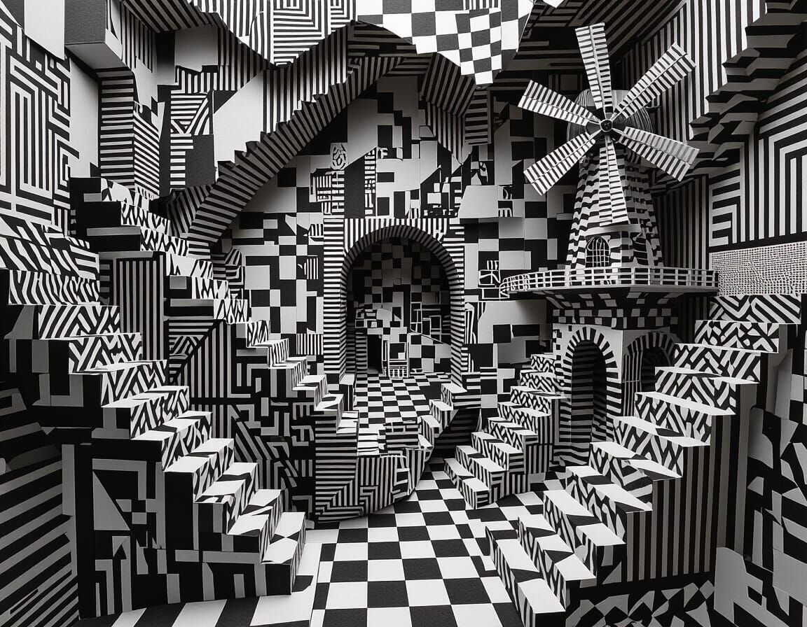 Escher-Inspired Paper Diorama with Geometric Windmills