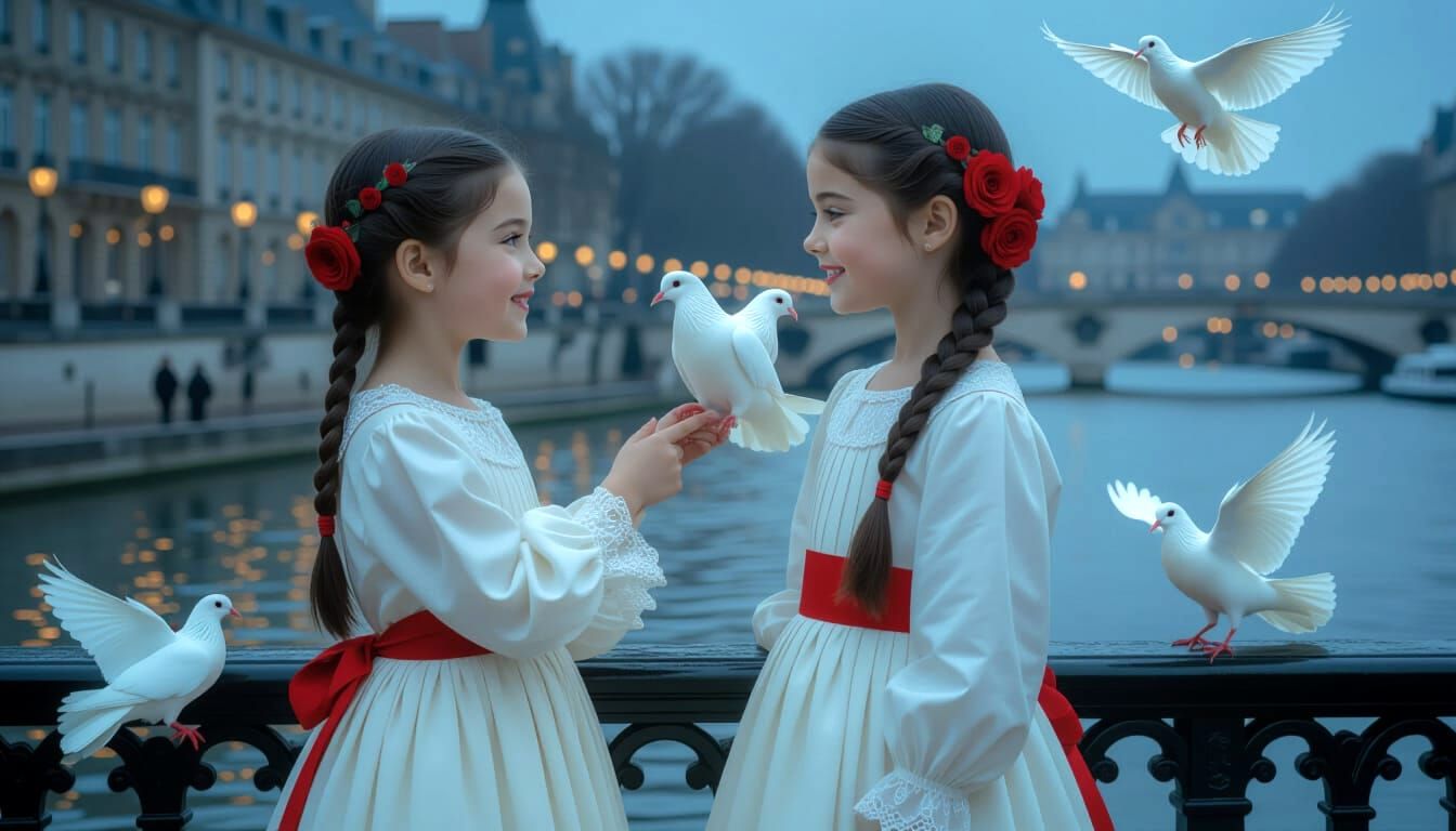 Girl with Dove at Quai d'Orsay: Dreamy Art