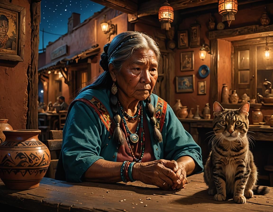 Native Woman and Cat in Pueblo Saloon