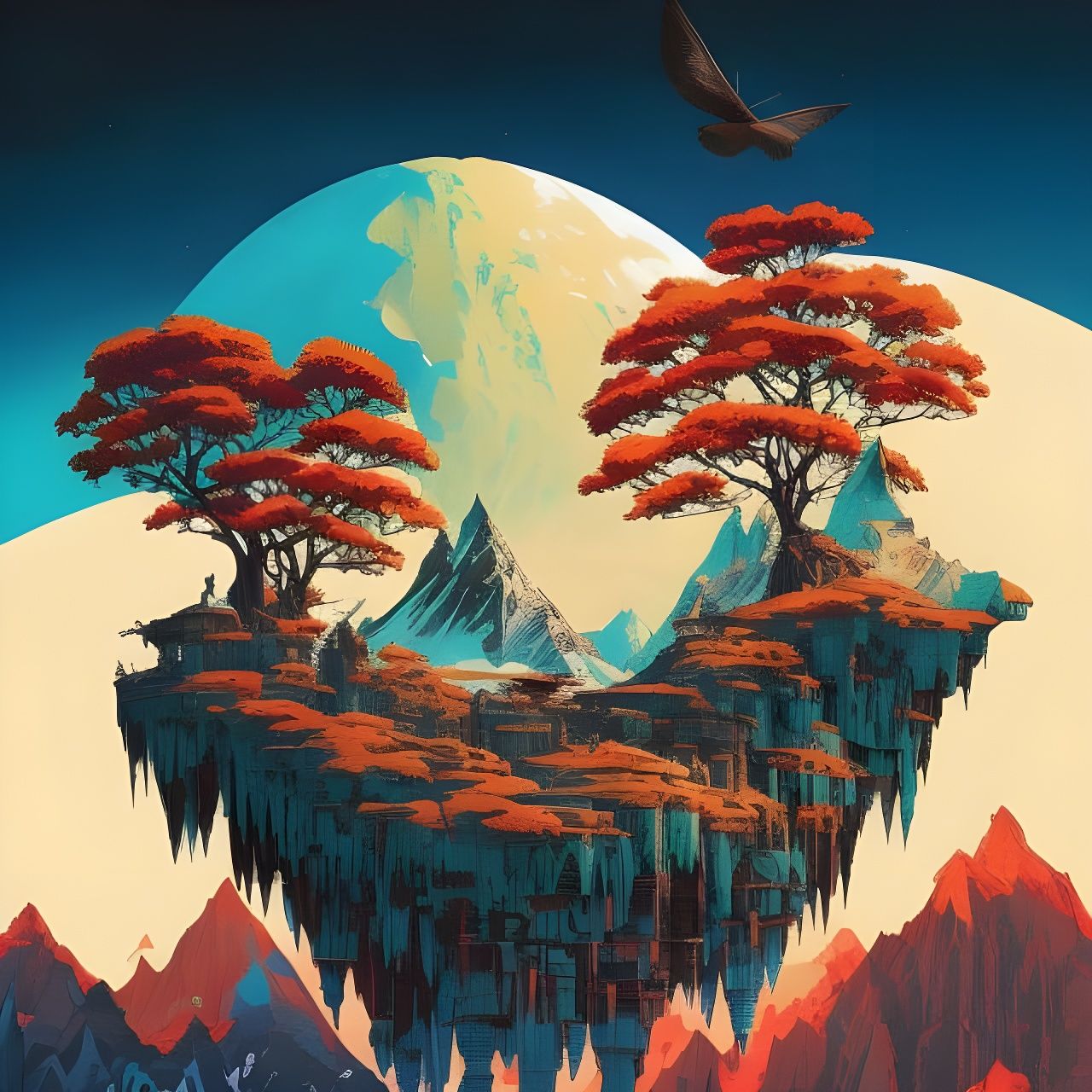 Scenic Mountain View Illustration in Gouache Style