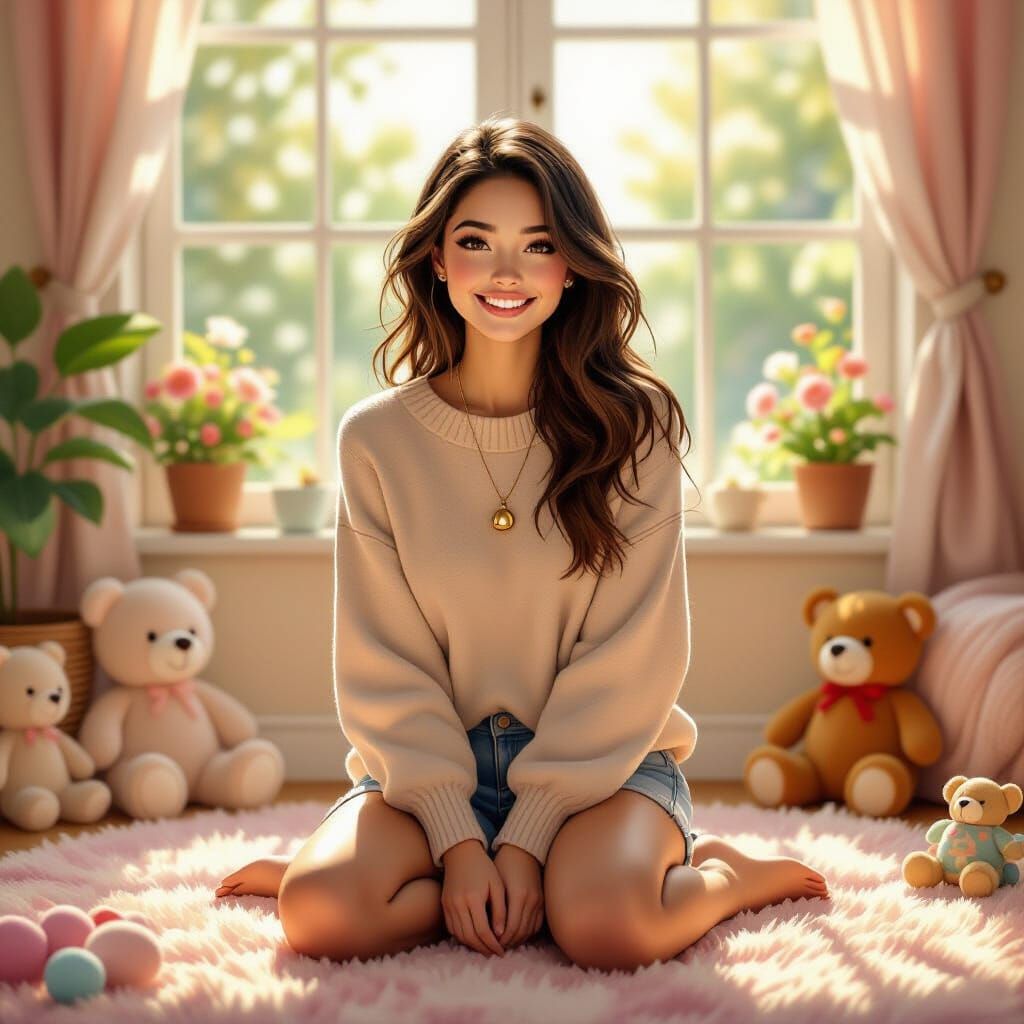 Whimsical Woman with Plush Toys in Sunlit Room