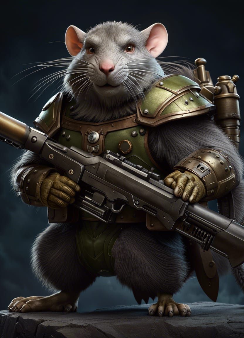Armored Rat-Man Warrior Holding Rifle, Detailed Digital Art