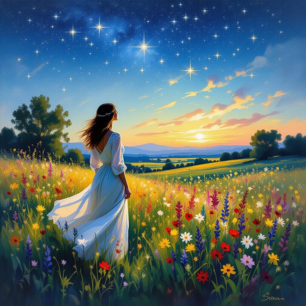 Woman in Meadow, Impressionist Oil Painting