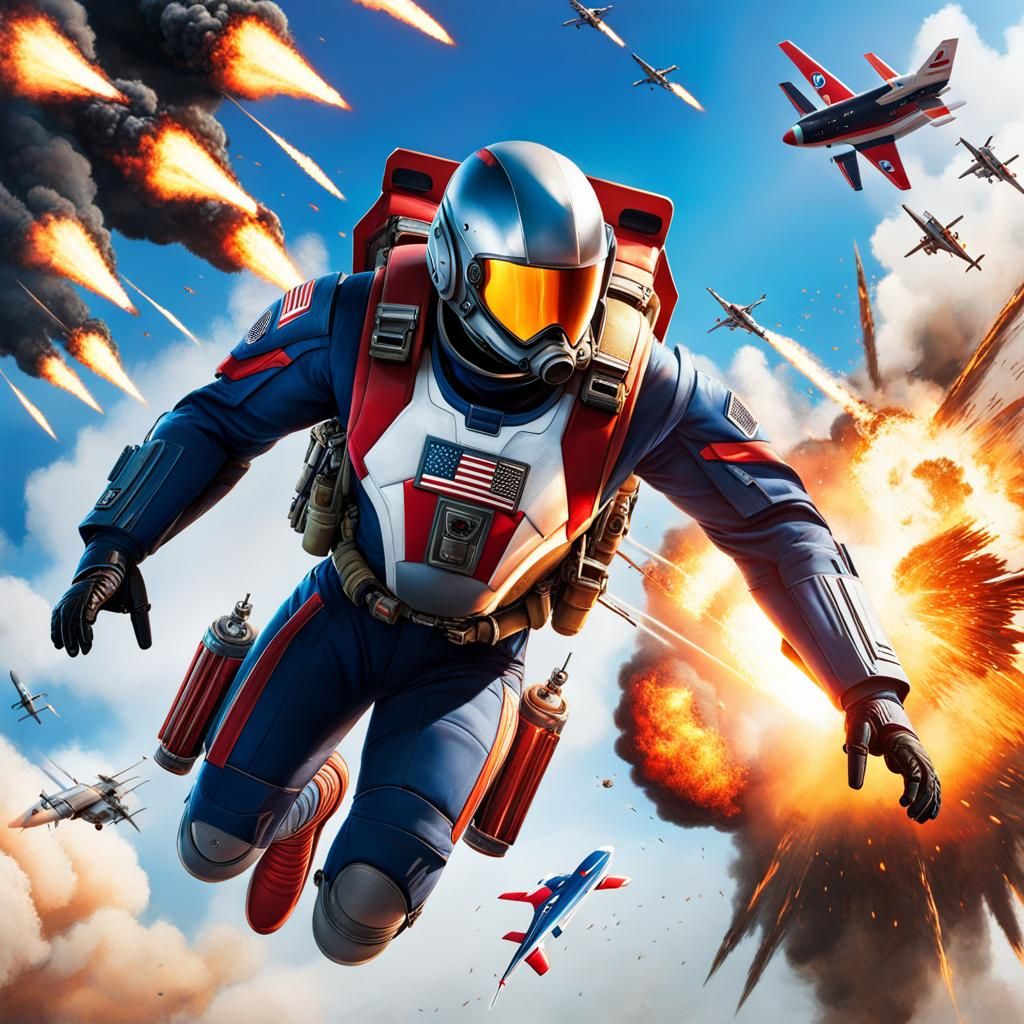 Hyperrealistic Hero in Jetpack Soaring Through War