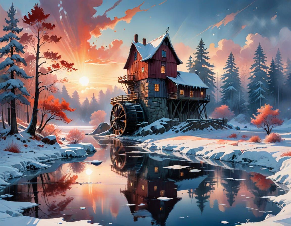 Frozen Watermill: Autumn to Winter Digital Painting