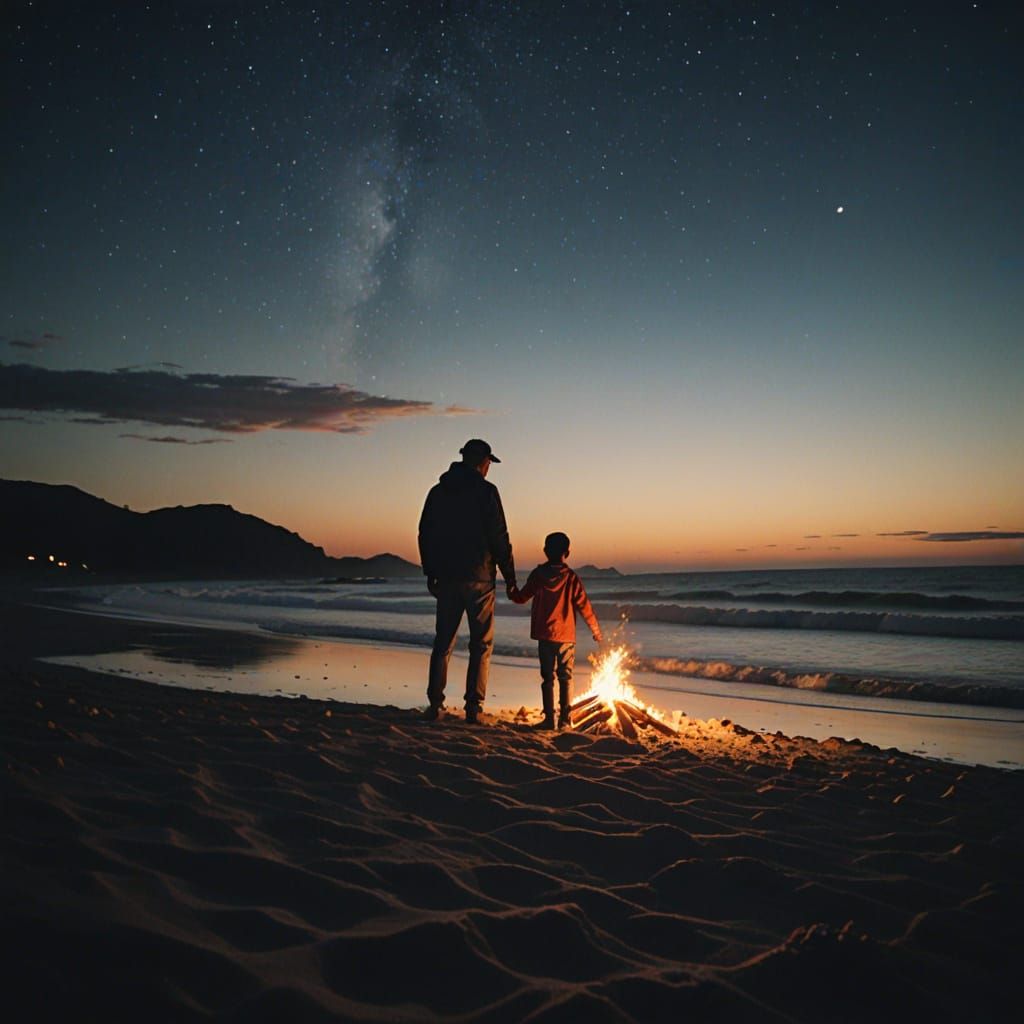 Father and Son by Beach Campfire Under Stars
