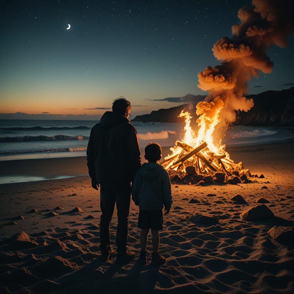 Hyperrealistic Father and Son by Beach Campfire
