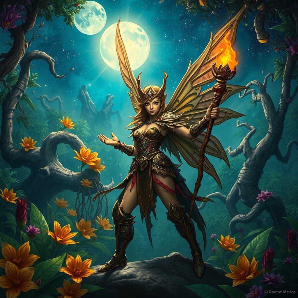 Warrior Fairy in Jungle, Gritty Mystical Art