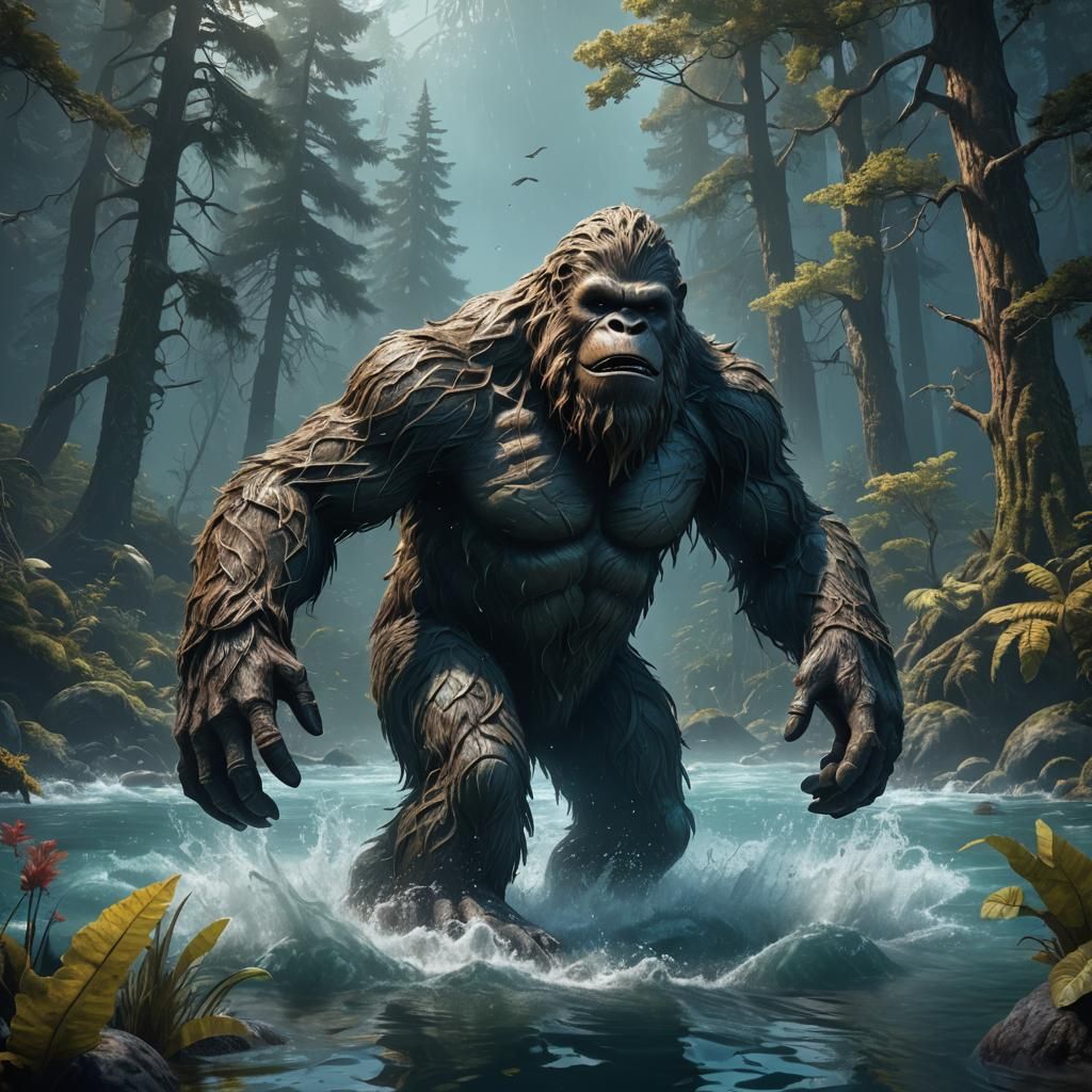 Bigfoot Submerged: Detailed Matte Painting in Deep Color