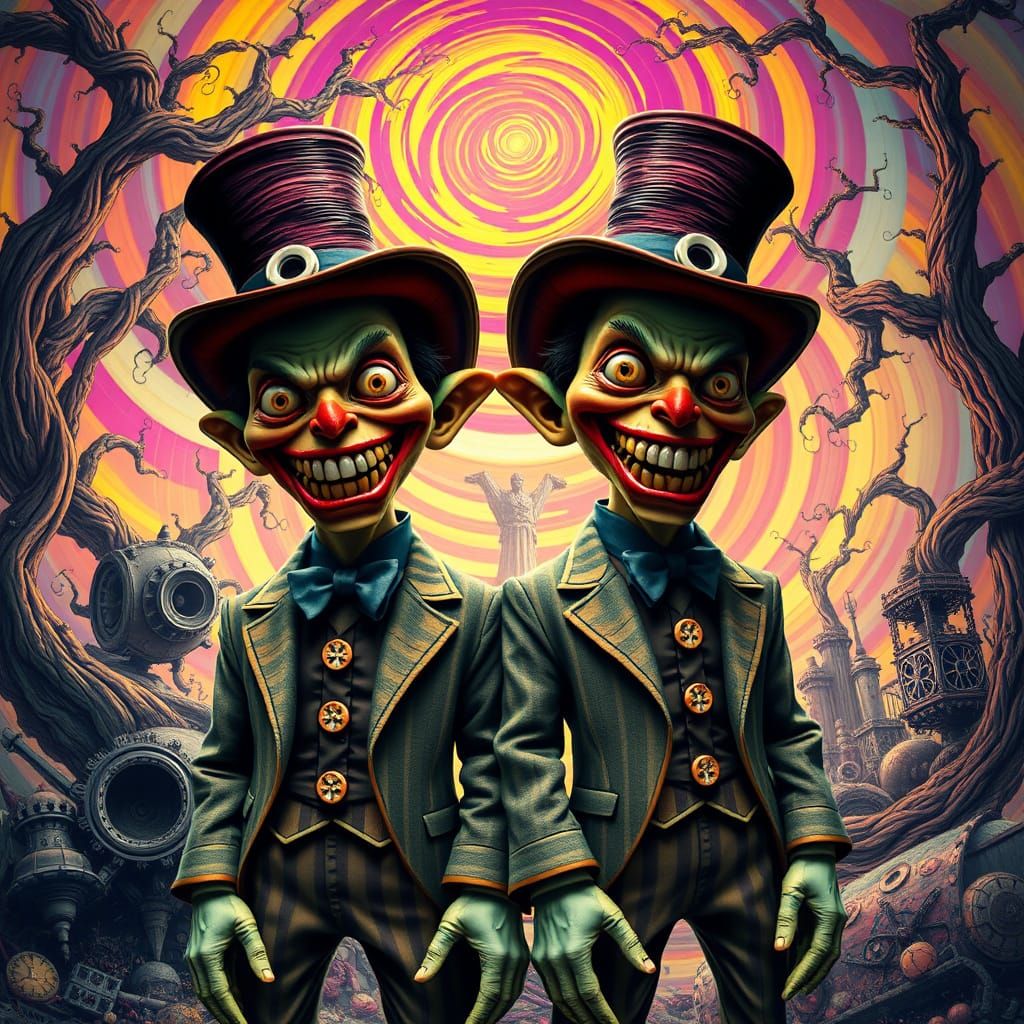 Menacing Tweedle Brothers in Psychedelic Hellscape
