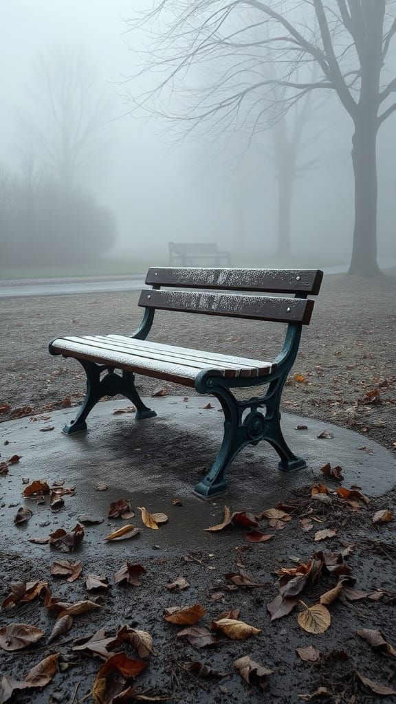 Frosty November Park Bench in Dense Fog