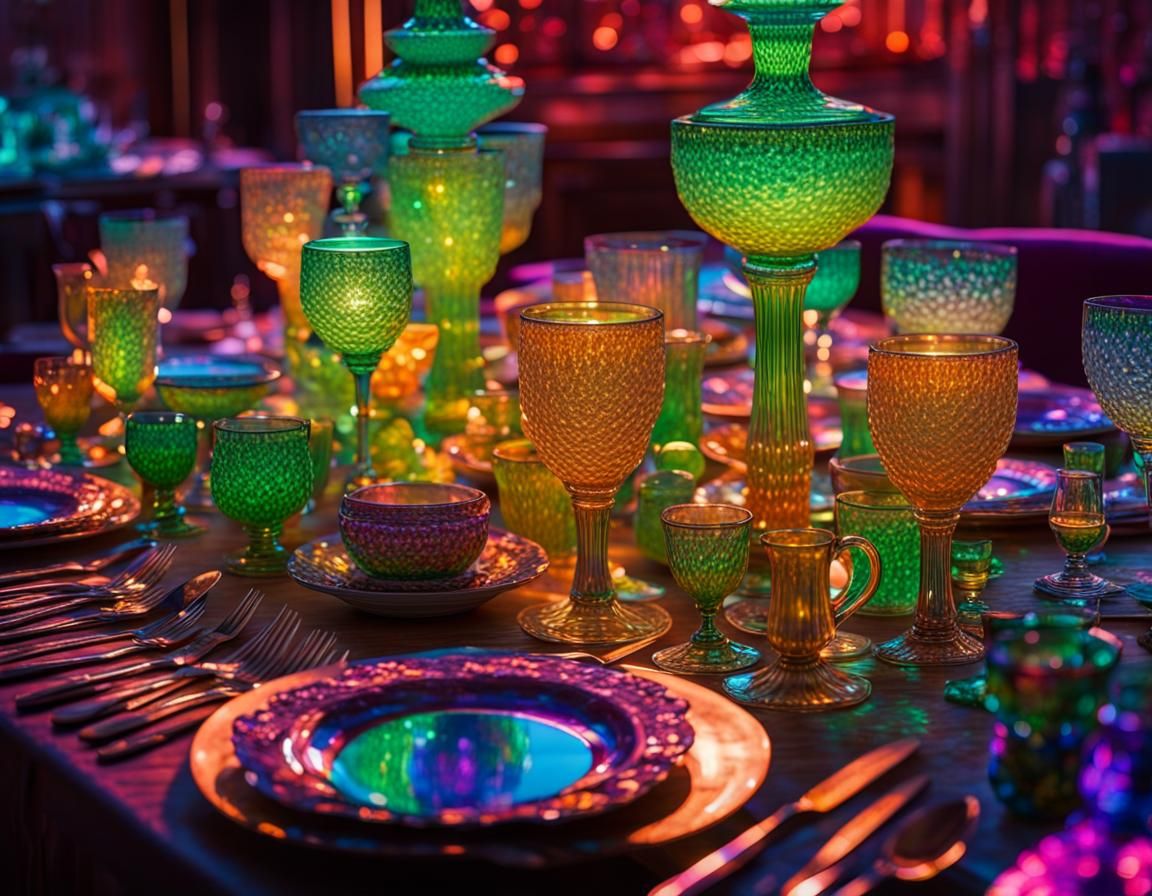 Iridescent Carnival and Uranium Glass Table Setting