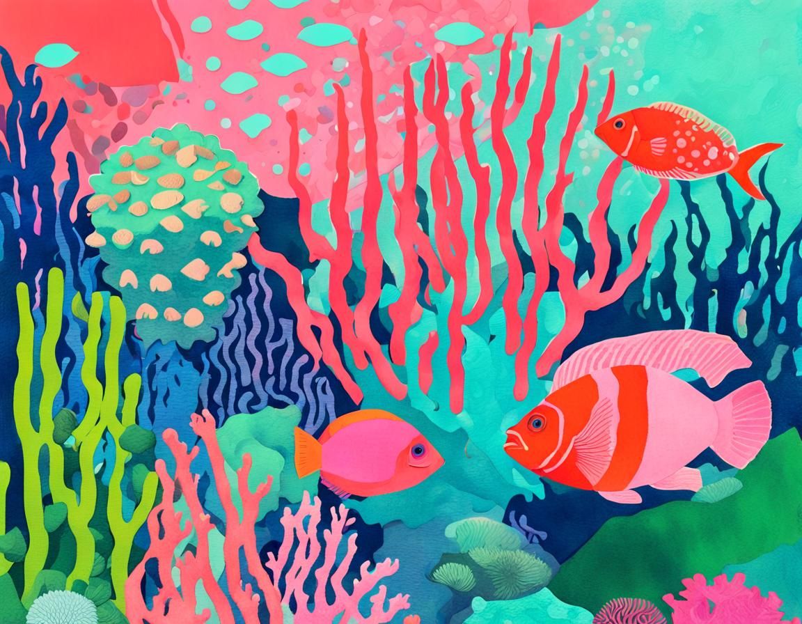 Tropical Coral Reef Scene in Risograph Collage Style