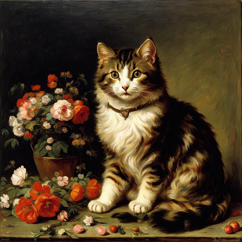 Cute Cat Surrounded by Flowers: Realist Painting