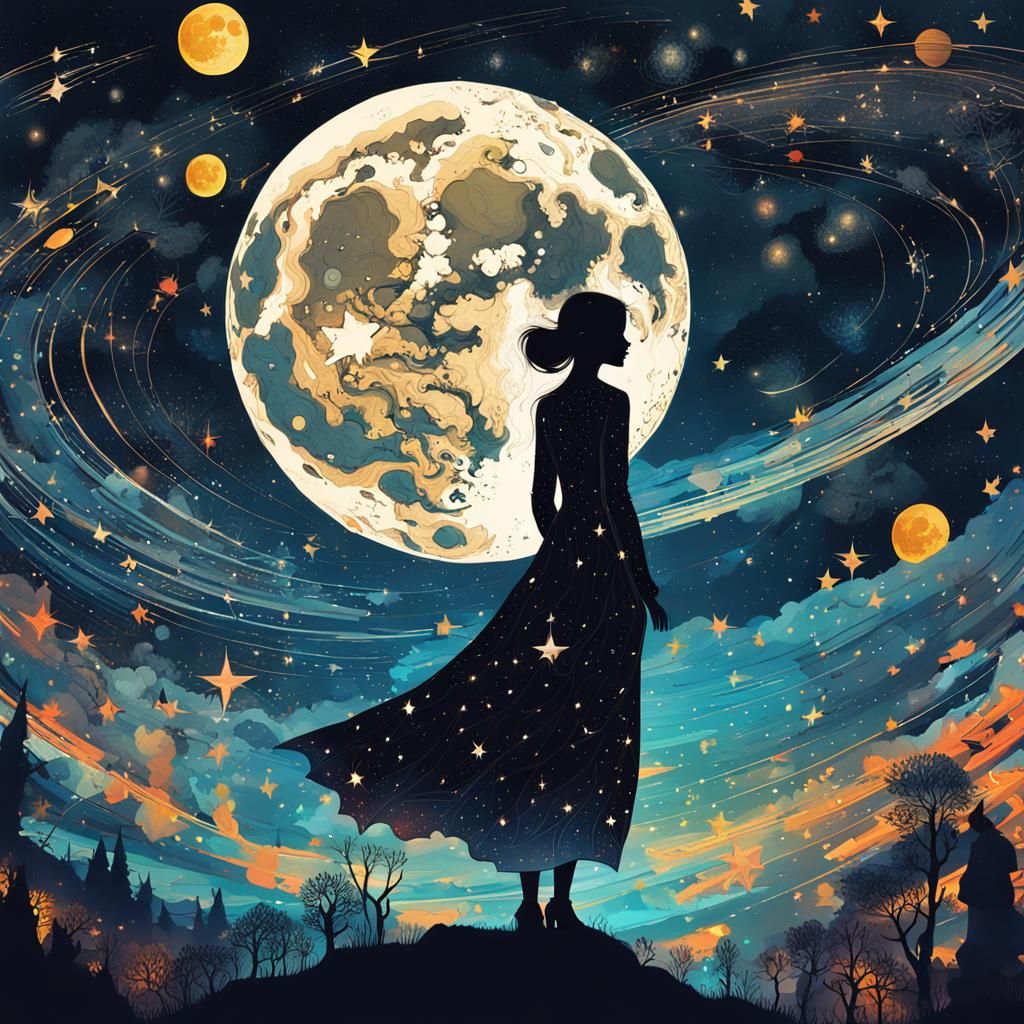 Girl Gazing at Moon and Saturn in Starry Night