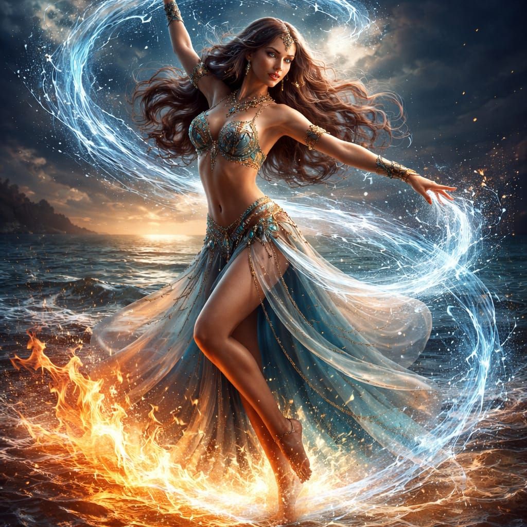 Elemental Dancer on Shoreline at Twilight in Fantasy Style