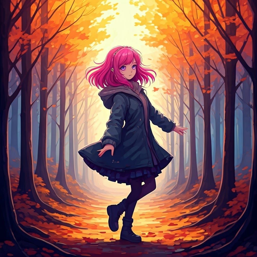 Pink-Haired Girl Dancing in Autumn Forest Graffiti Art