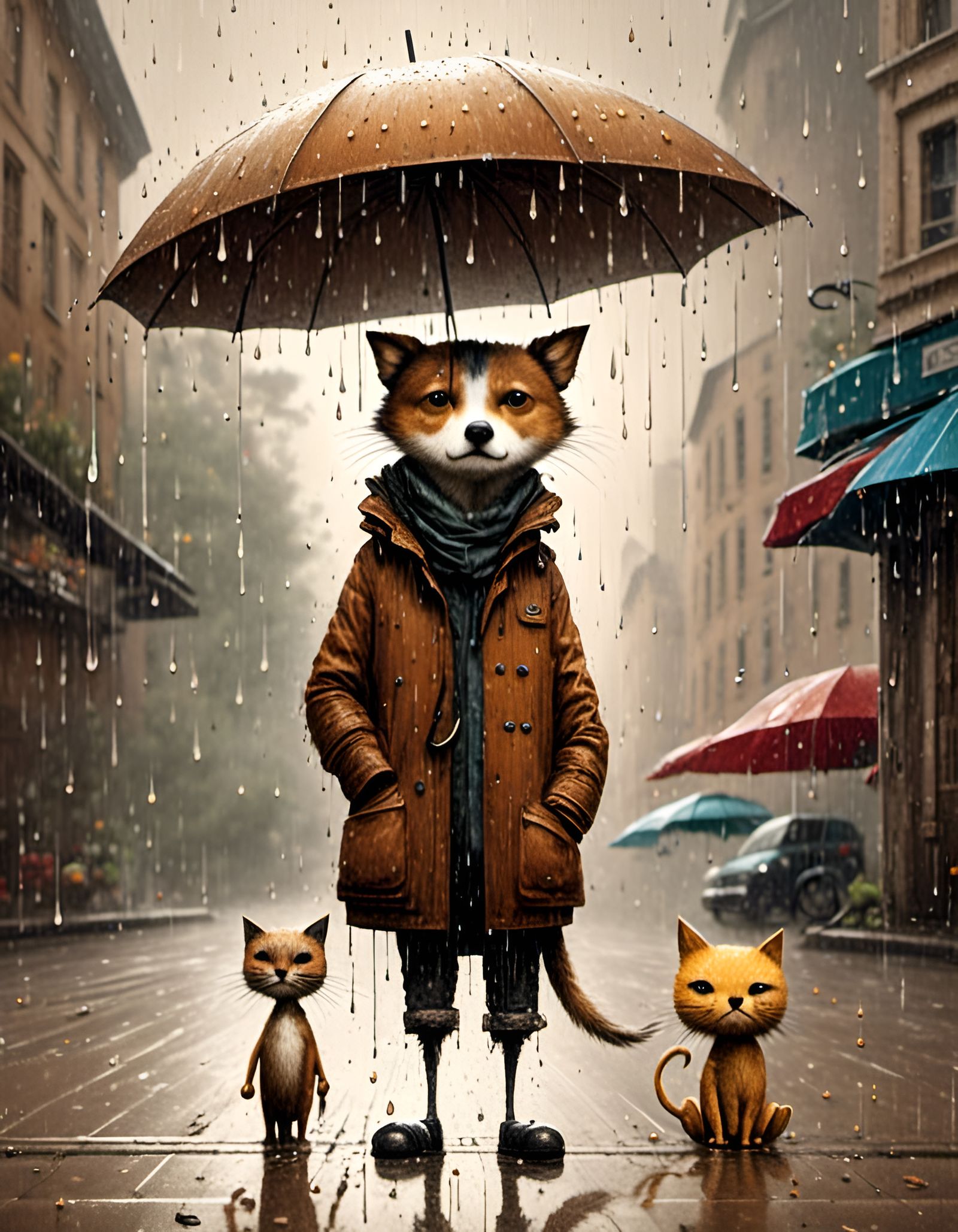 Dog and Cat Caricature in Rainy Weather